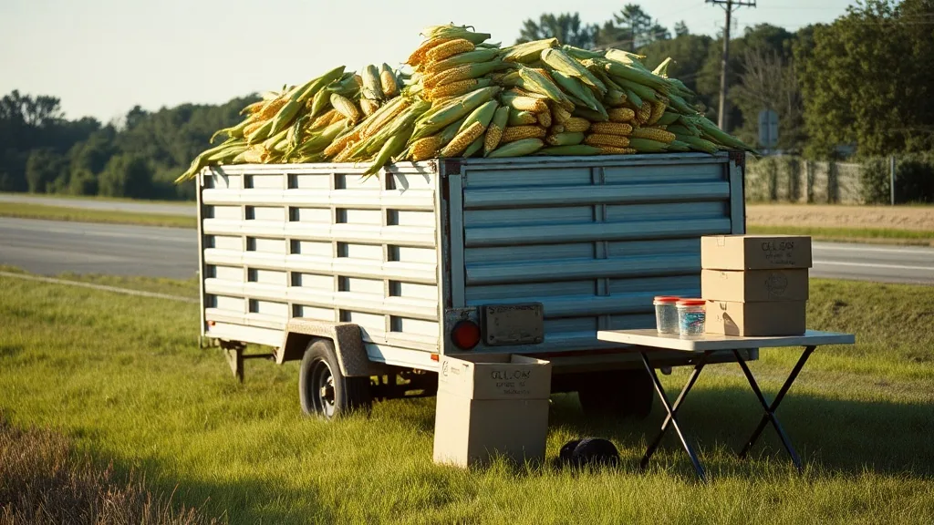 A farm trailer heaped with sweet corn in the husk parked on a grass highway shoulder, cardboard boxes and a folding table beside it