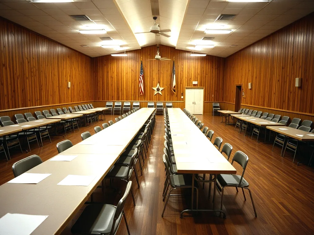 Long folding tables and stacked grey chairs set out in an empty wood panelled hall under fluorescent light