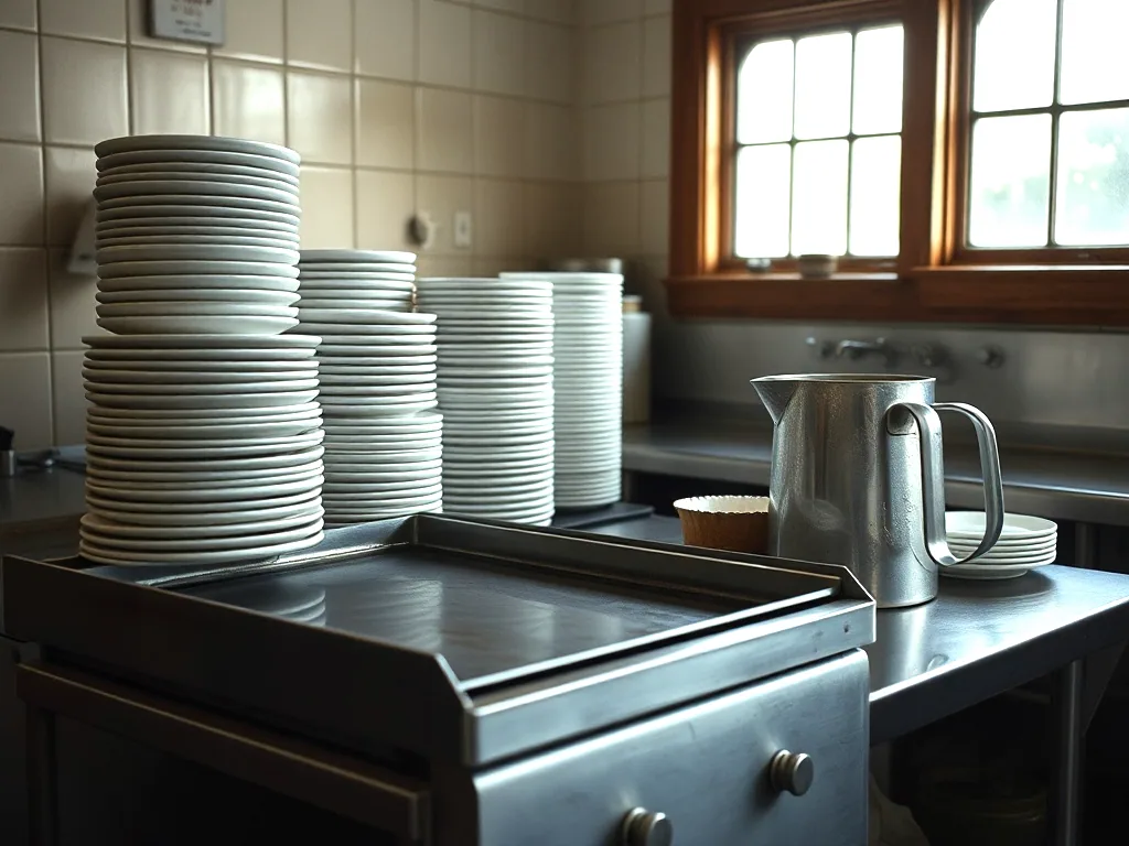 Stacks of white plates and a dented aluminium batter pitcher beside a steel flat top griddle in a community hall kitchen