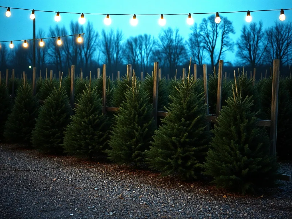 Rows of cut fir trees leaning on wooden rails in a gravel lot at dusk under a string of bare bulbs